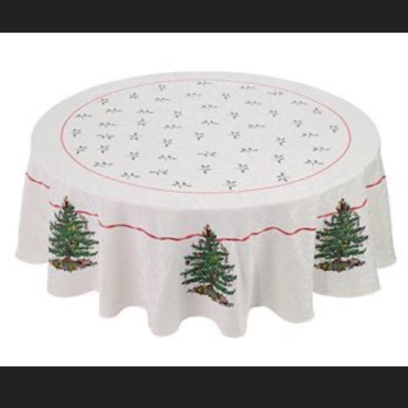 Spode Christmas Tree Tablecloth 70" Round WHT Damask RED Ribbon Tweel NEW Unused - Picture 2 of 6